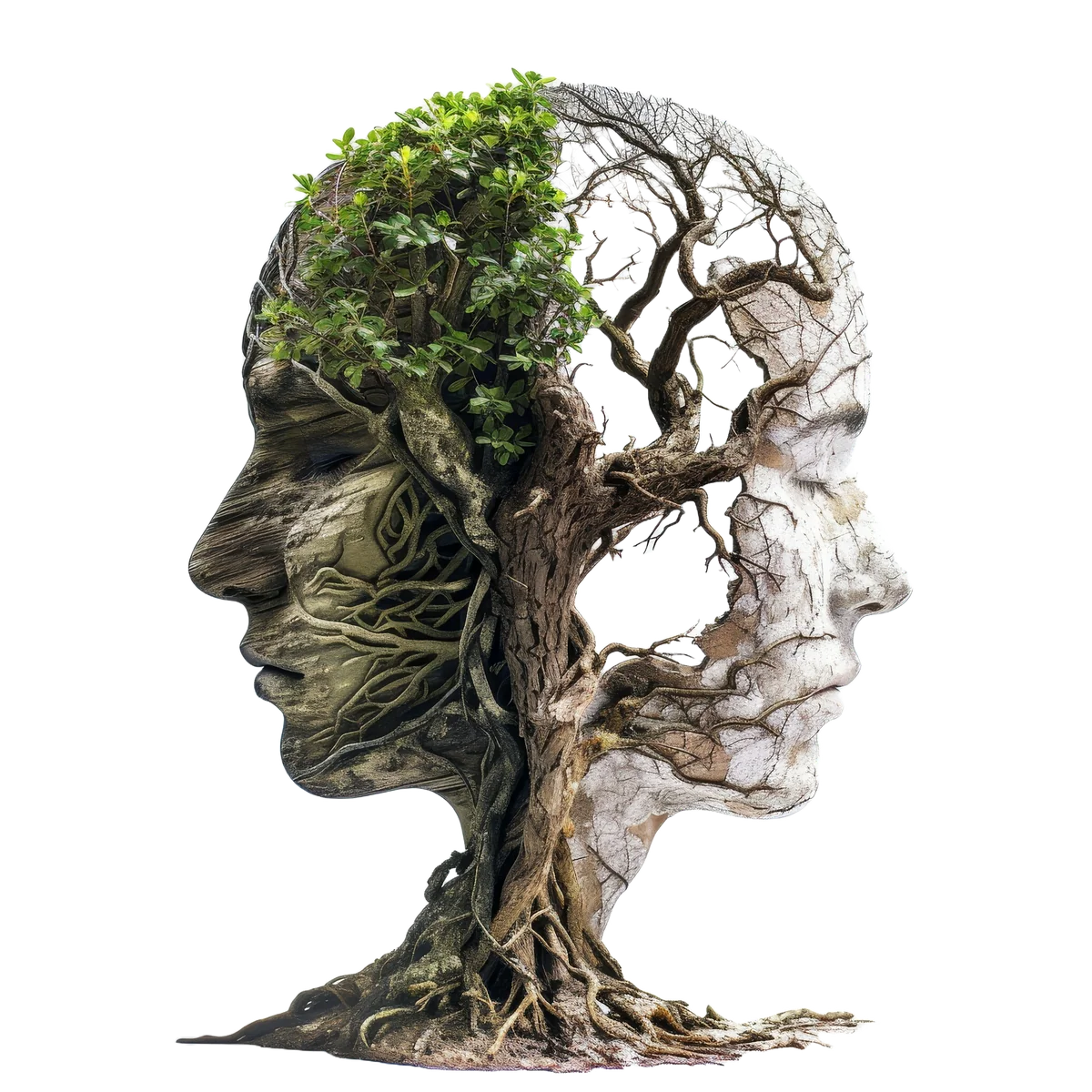 Two-toned tree-root profile illustration representing growth and healing