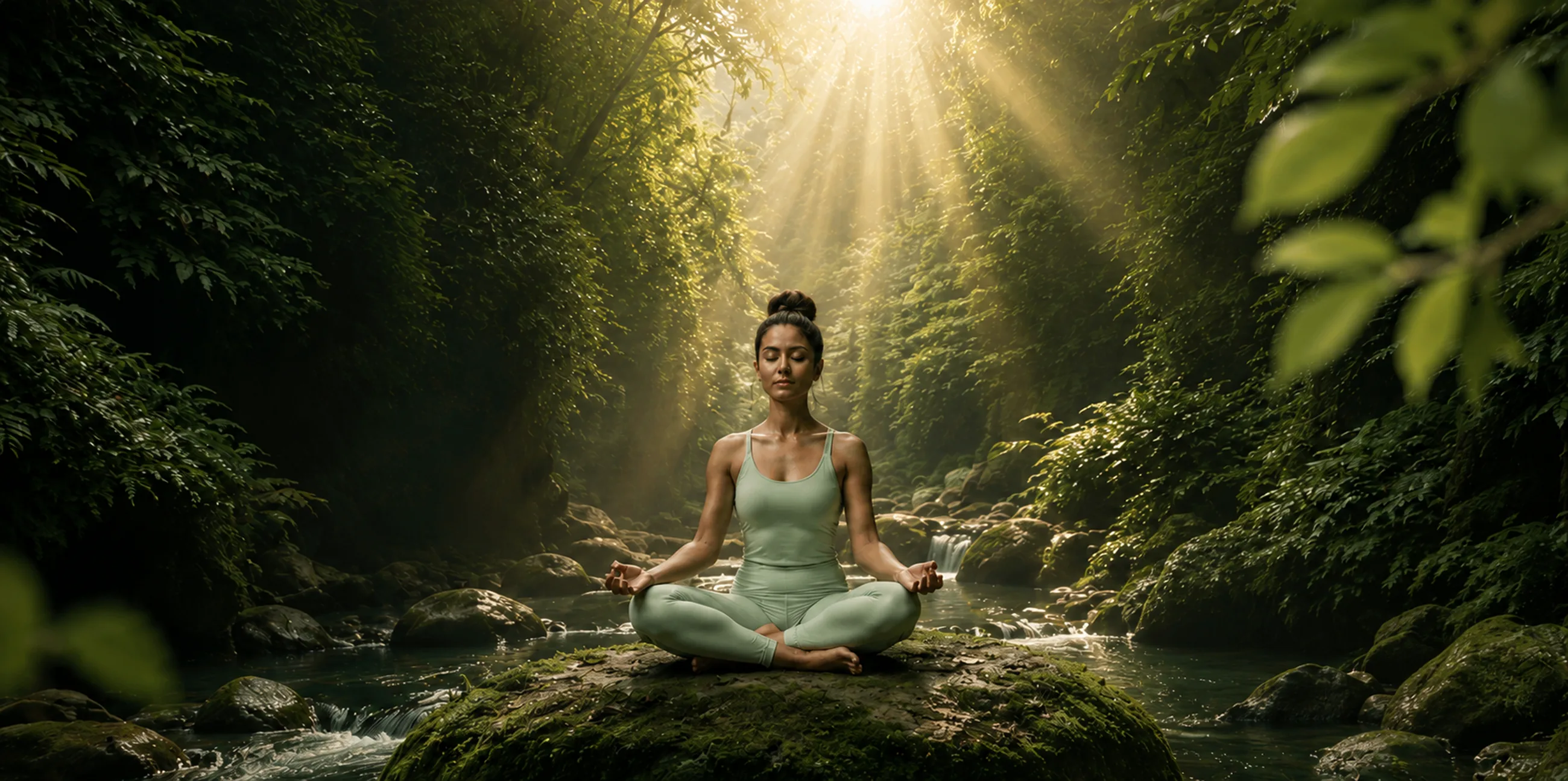 Woman meditating on a rock in a sunlit forest stream