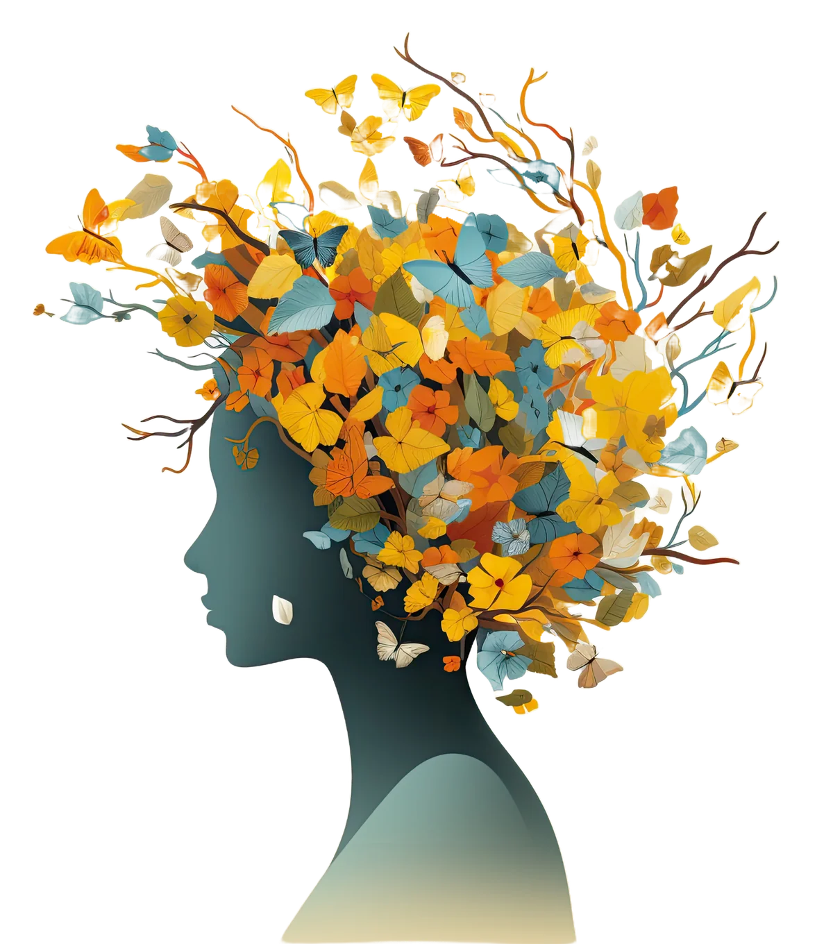 Illustrated silhouette of a woman with flowers and butterflies blooming from her mind, representing emotional balance