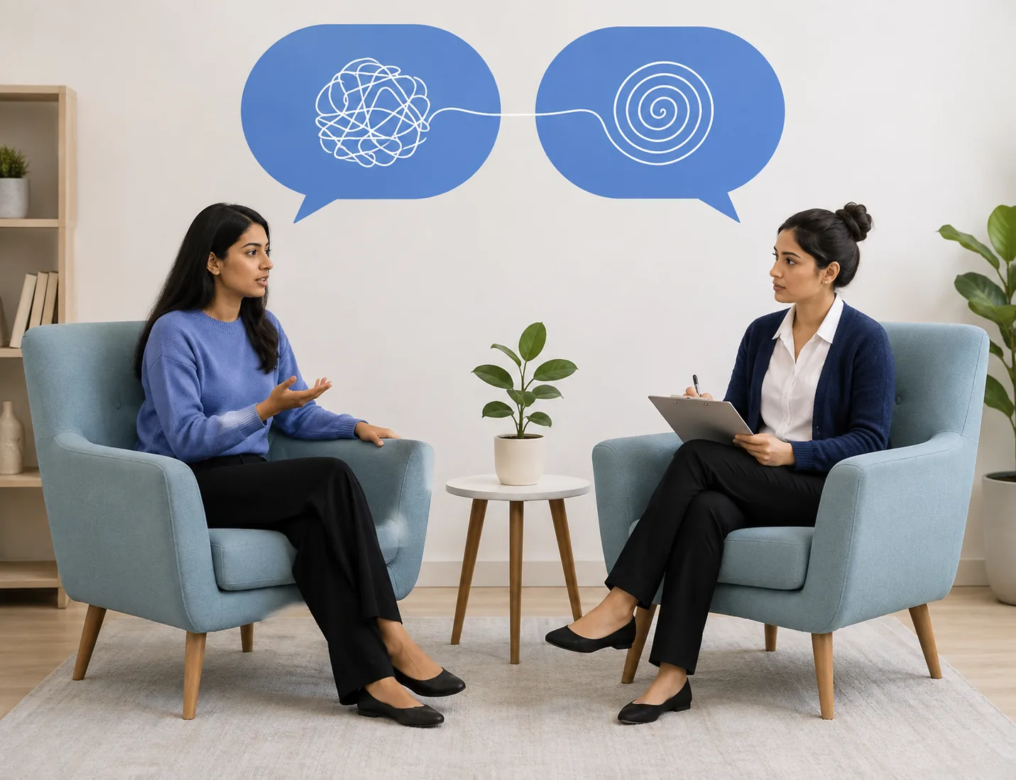 Illustration of a tangled thought being reframed into a calm spiral during a therapy session