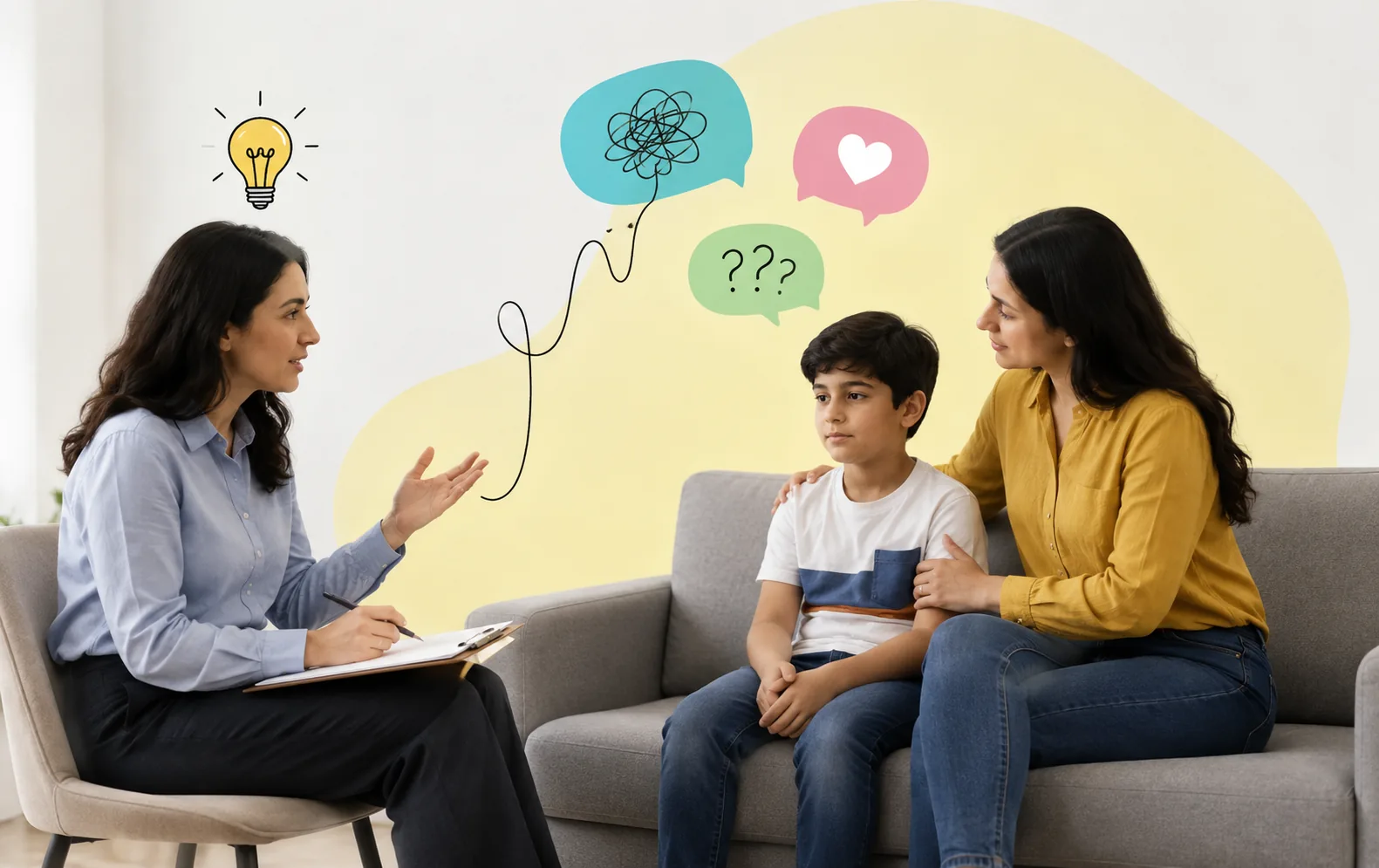 Illustration of a family therapy session with a parent, child and therapist