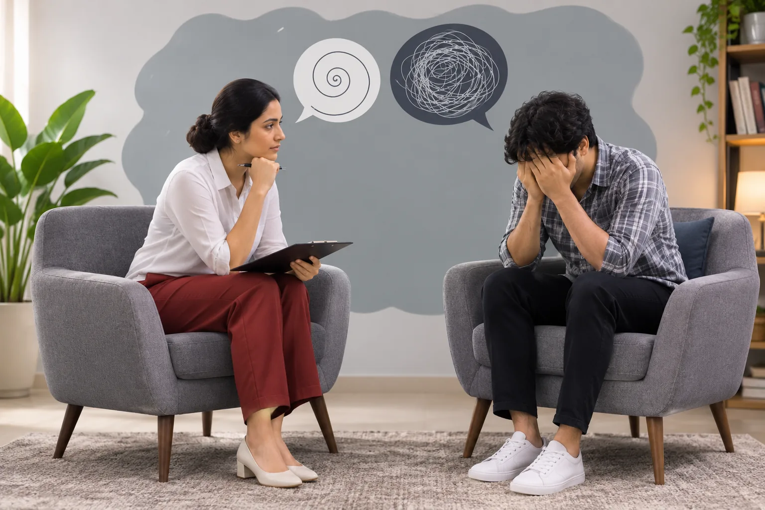 Illustration of a therapist supporting a distressed client