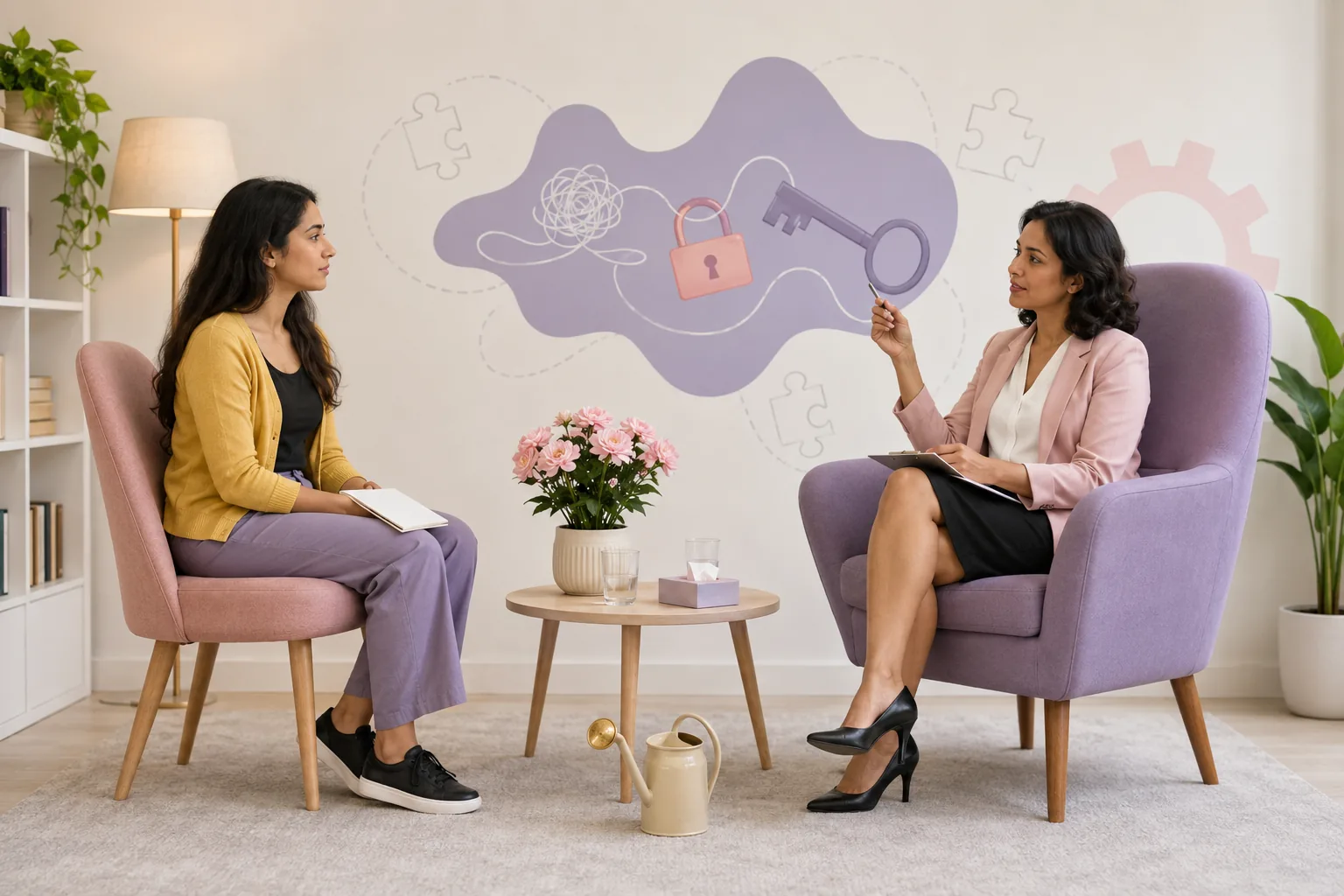 Illustration of a therapist helping a client unlock their potential, symbolized by a key and puzzle pieces